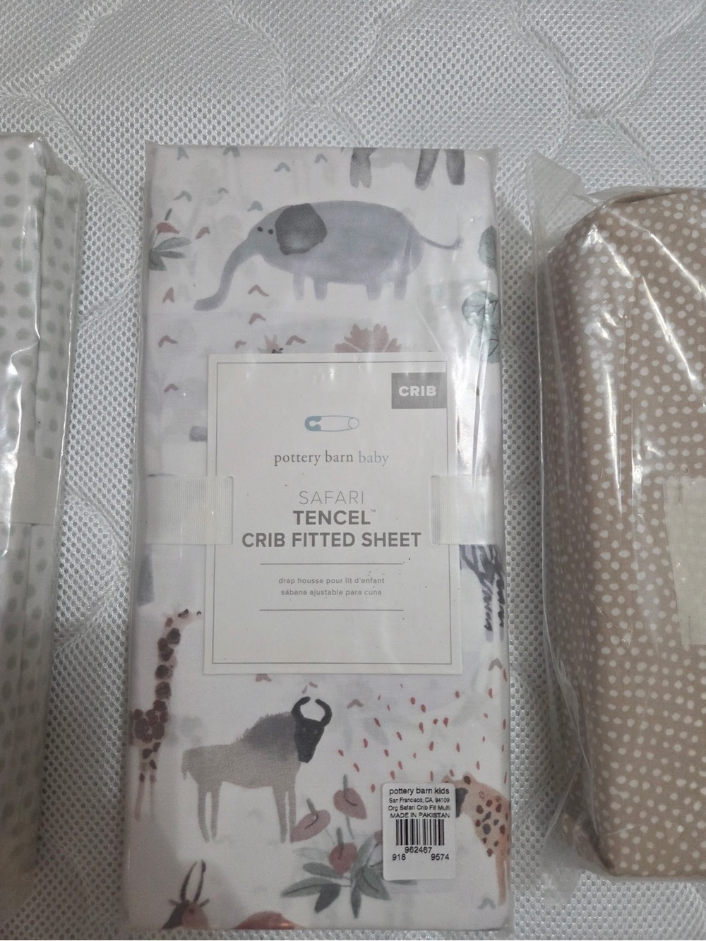 Set of 3: Pottery Barn Kids Safari Tencel Crib Fitted Sheet, green & cream, tan
